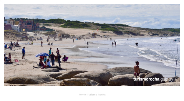 Pessoas na praia de Punta del Diablo, Uruguai, olhando o mar